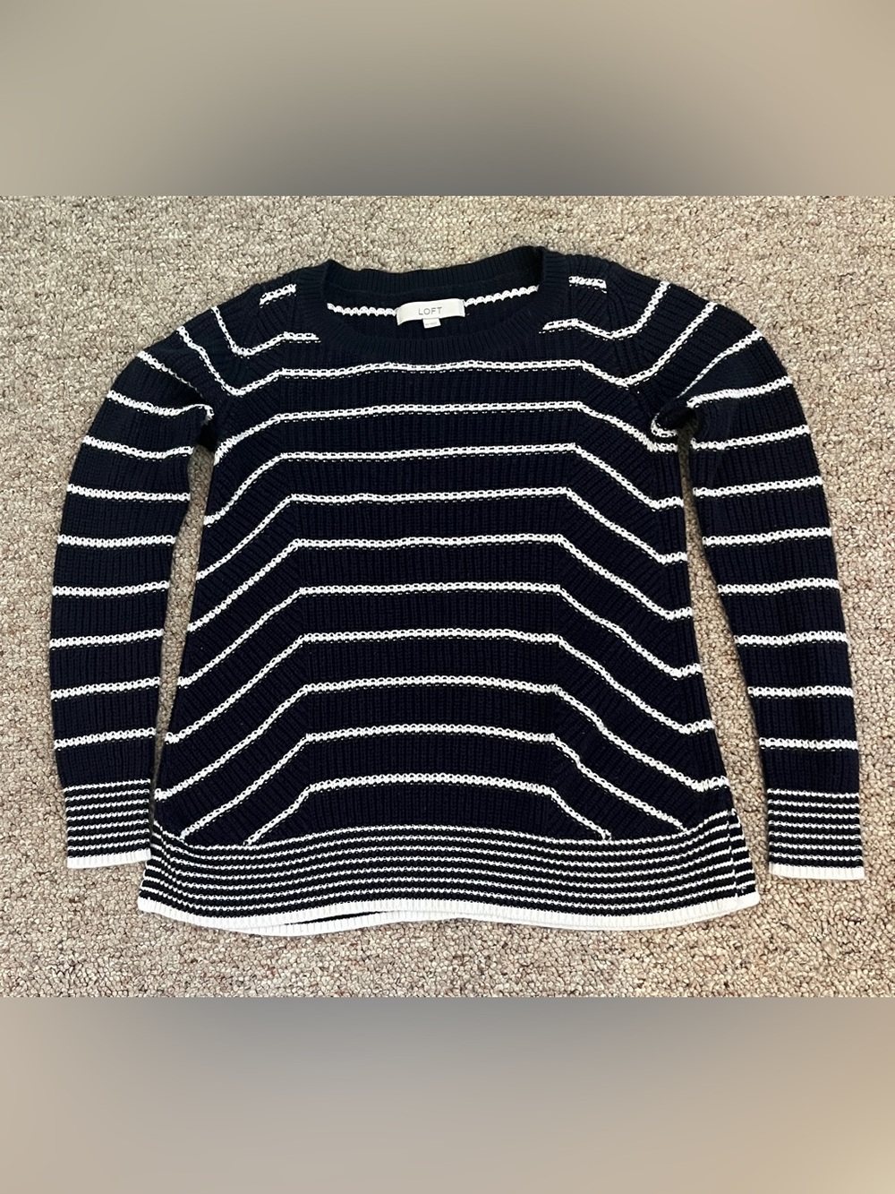 LOFT Navy and White Striped Crewneck Sweater